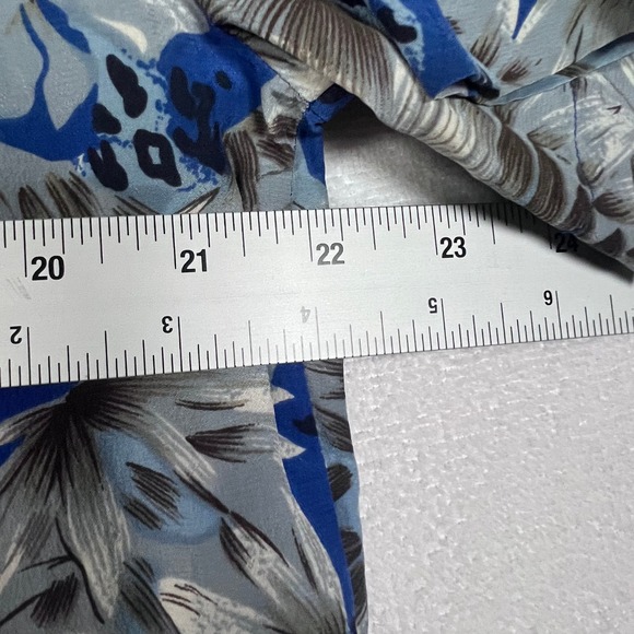FU DA 100% Silk Size PL Button Up‎ Short Sleeve Blouse Top Blue Hawaiian Floral - Picture 10 of 14